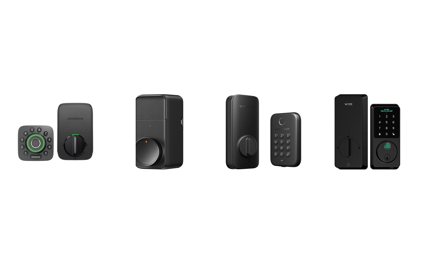 Four of the best budget smart locks of 2026 arranged on a white background
