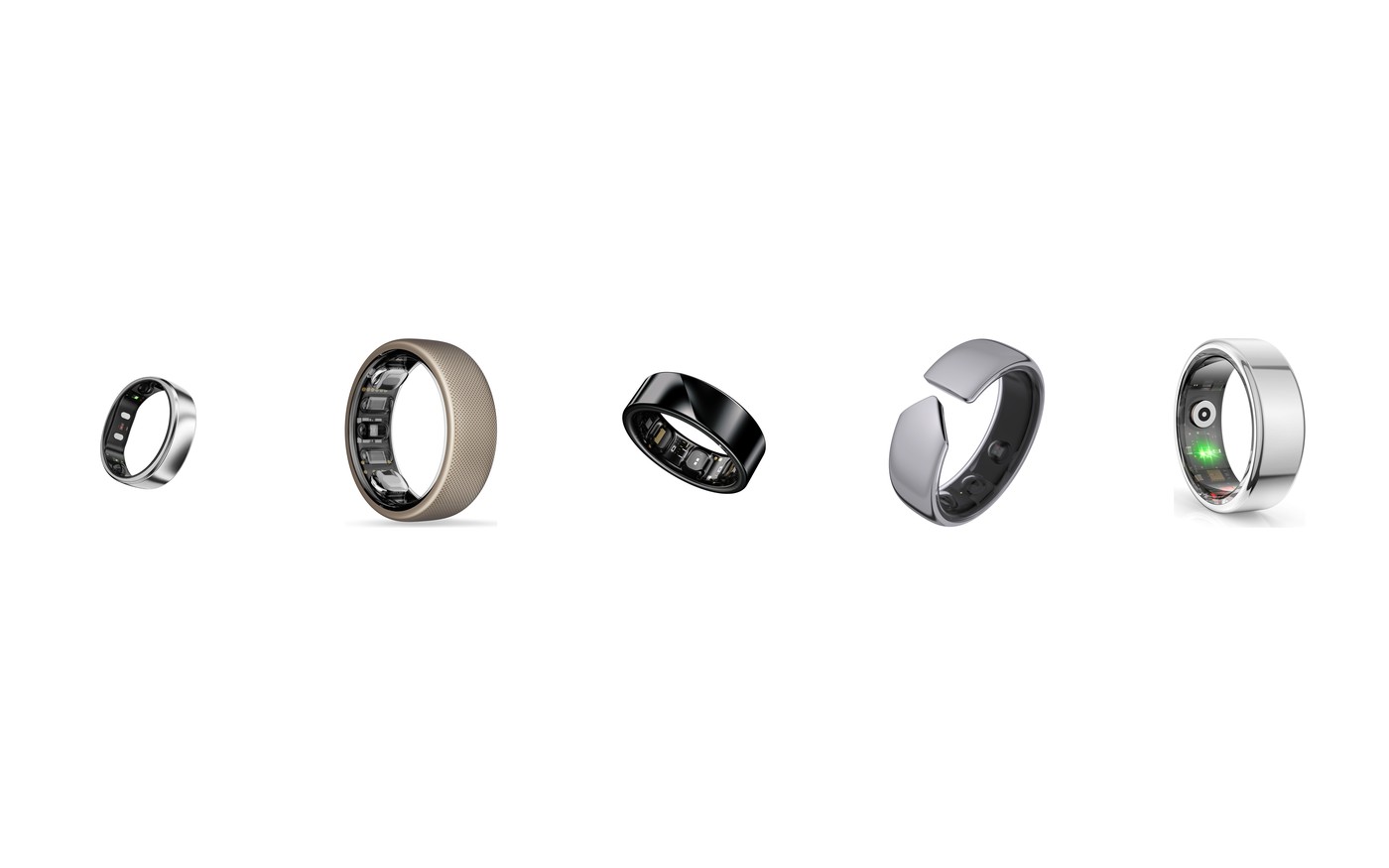 Five of the best budget smart rings of 2026 arranged on a white background