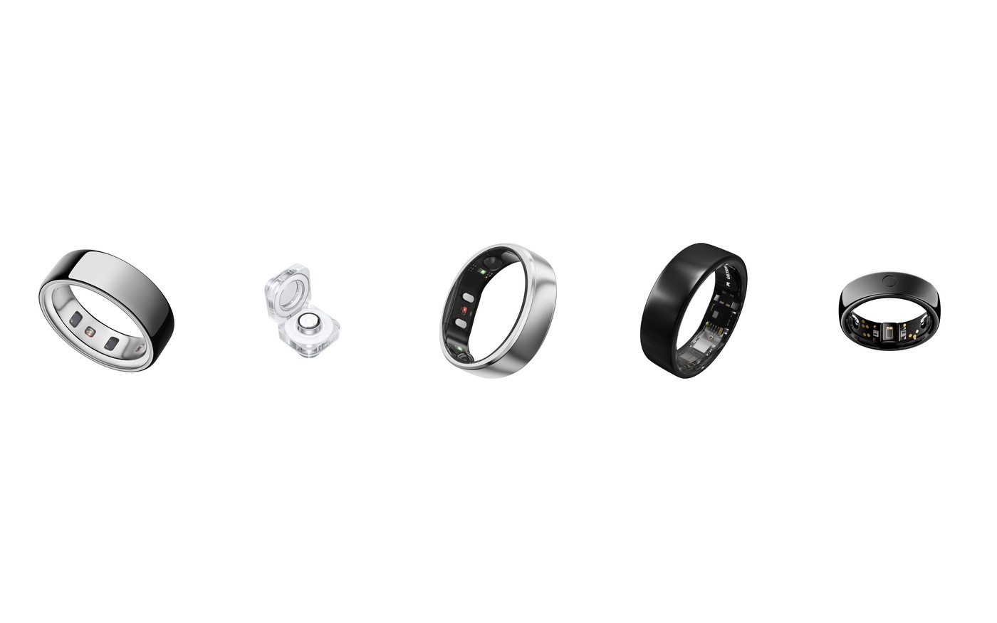 Six of the best smart rings of 2026 lined up on a white background