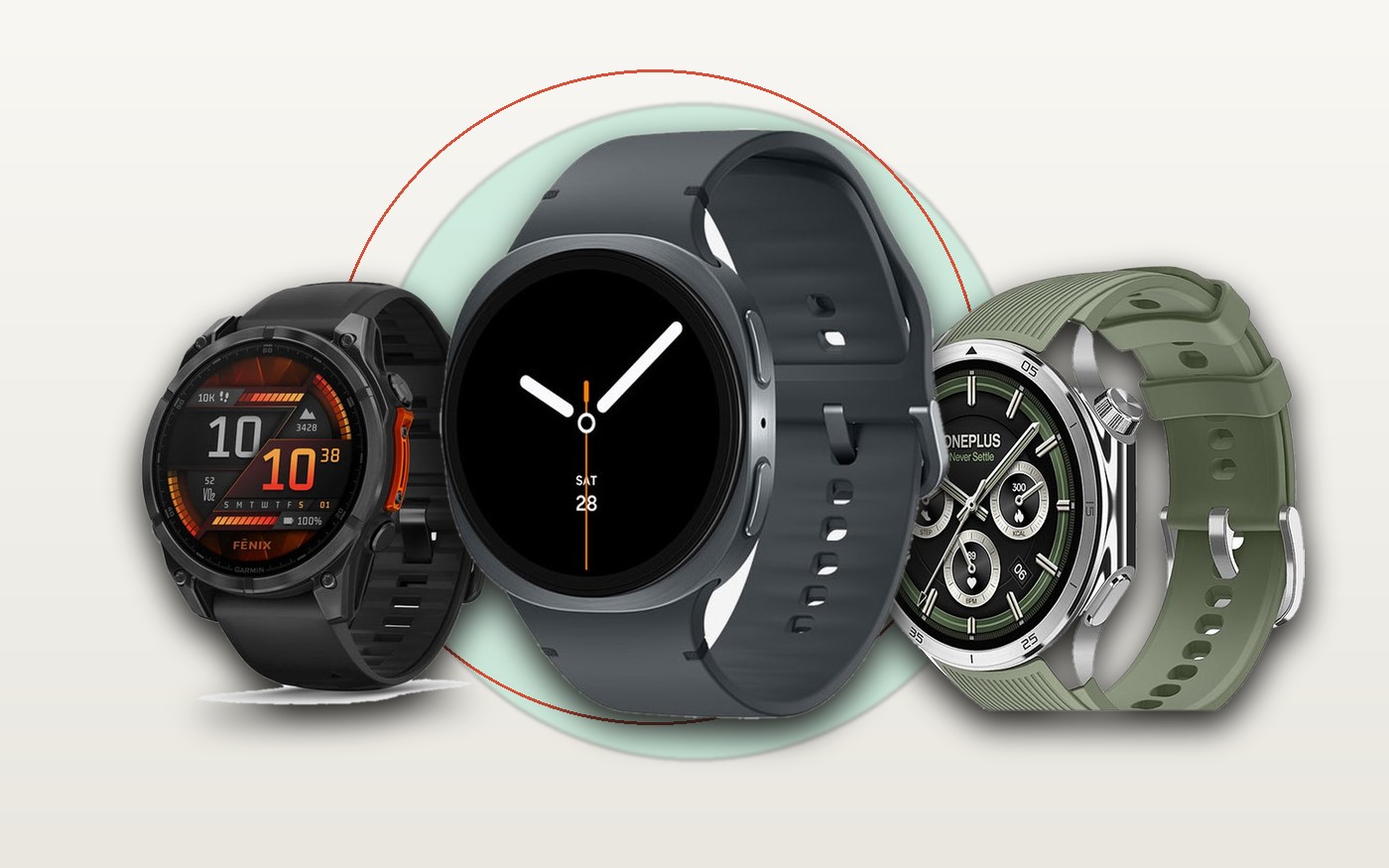 Four of 2026's best smartwatches side by side: Pixel Watch 4, Galaxy Watch 8, Fenix 8 and OnePlus Watch 3