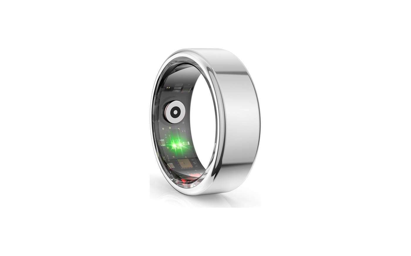 COLMI R02 budget smart ring in silver with a lit green sensor