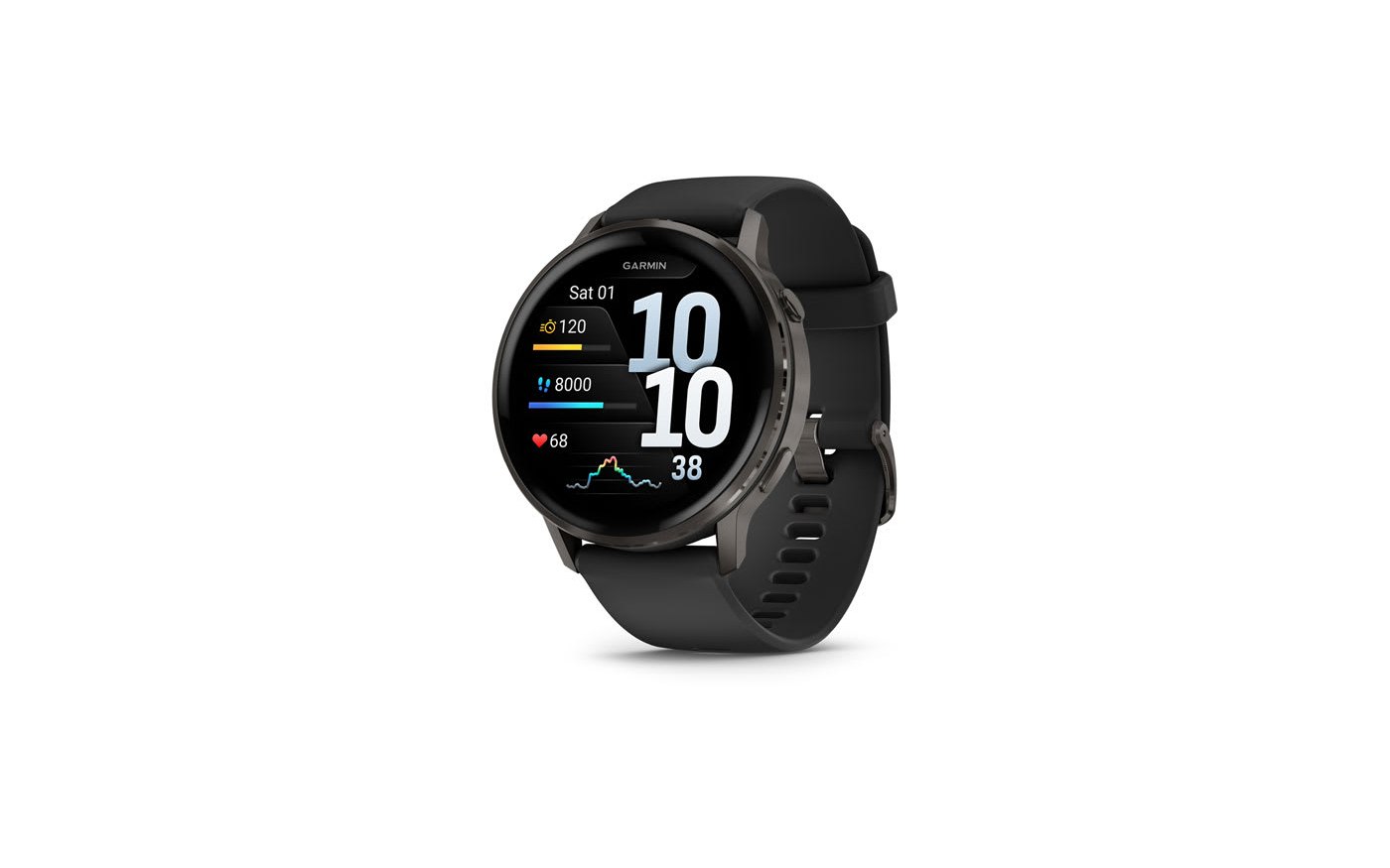 Garmin Venu 4 in slate with black band showing daily stats