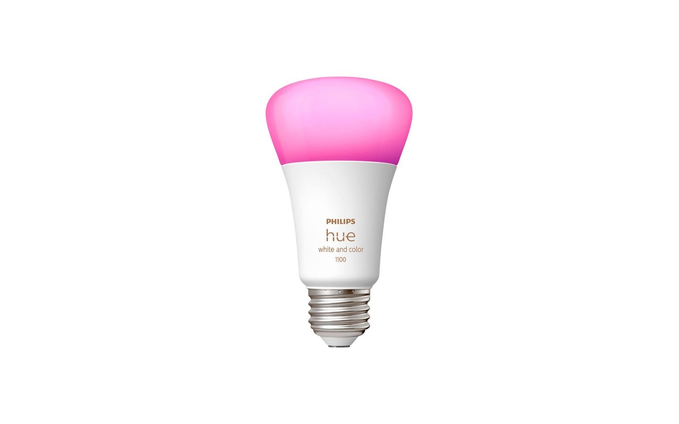 Philips Hue White and Color Ambiance A19 bulb glowing pink