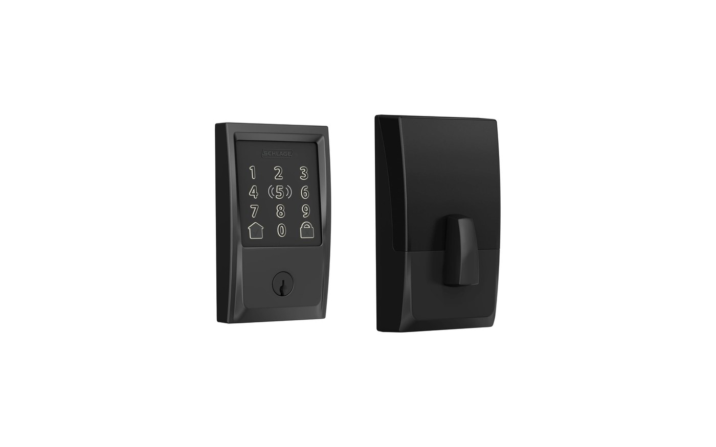 Schlage Encode Plus smart deadbolt in matte black on a front door