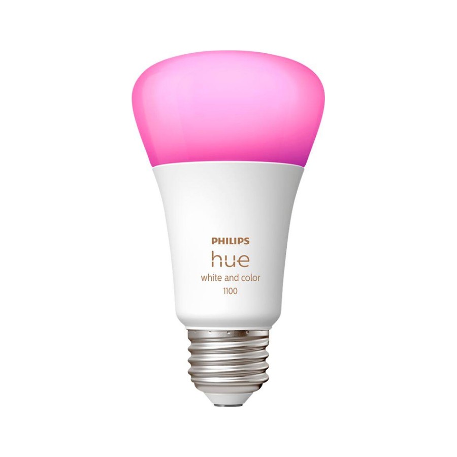 Philips Hue White and Color Ambiance A19 smart bulb with a pink-lit dome