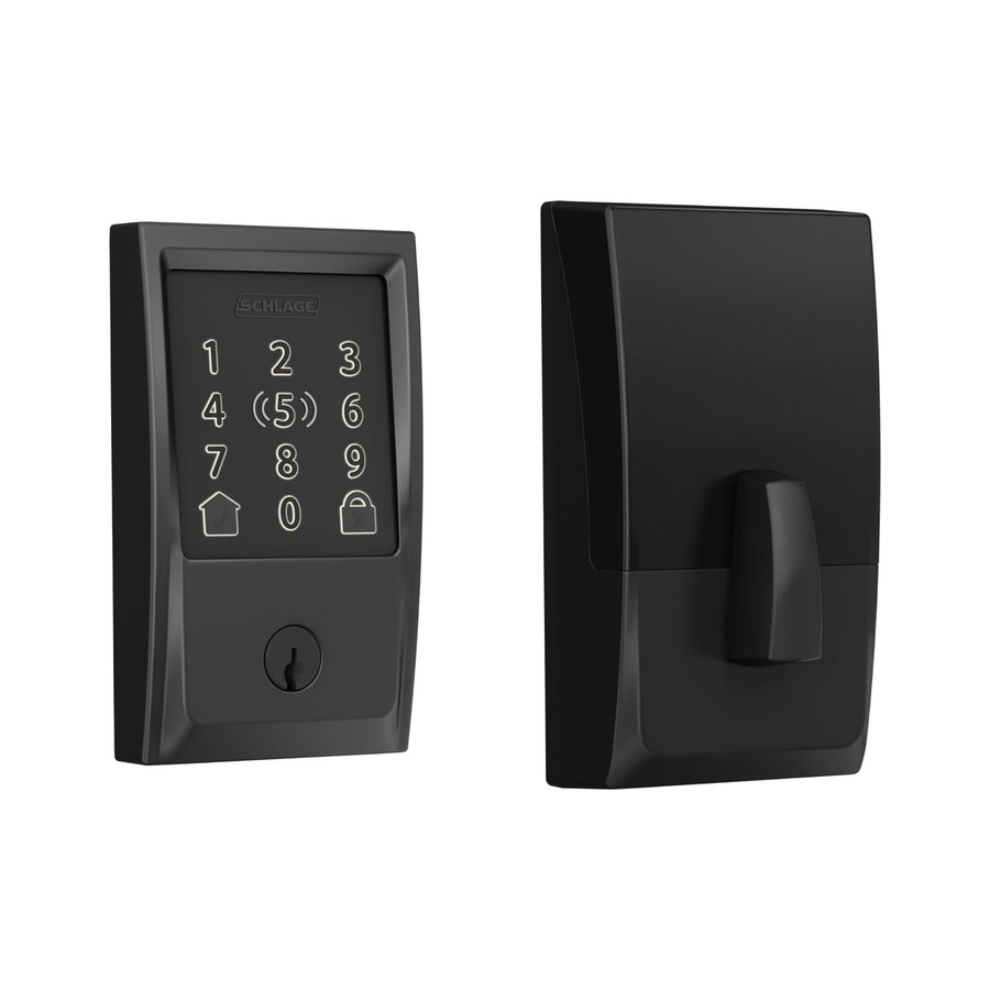 Schlage Encode Plus smart deadbolt in matte black, front and interior views